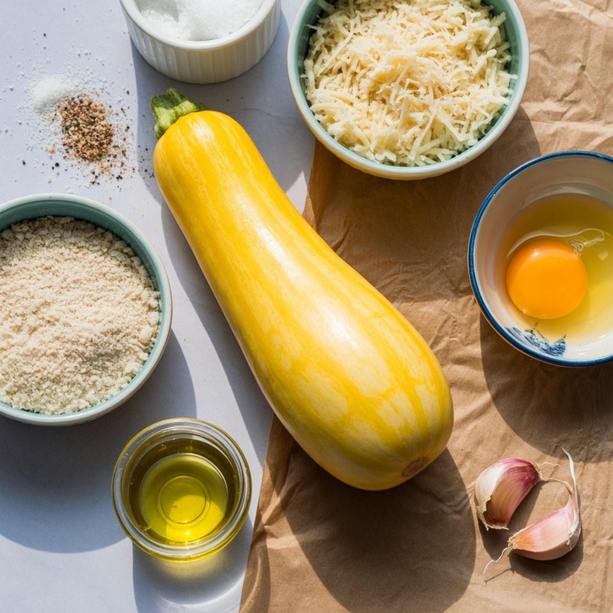  Ingredients for homemade yellow squash tots.