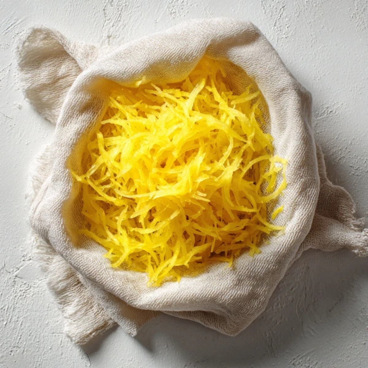 Drained grated yellow squash in a kitchen towel.