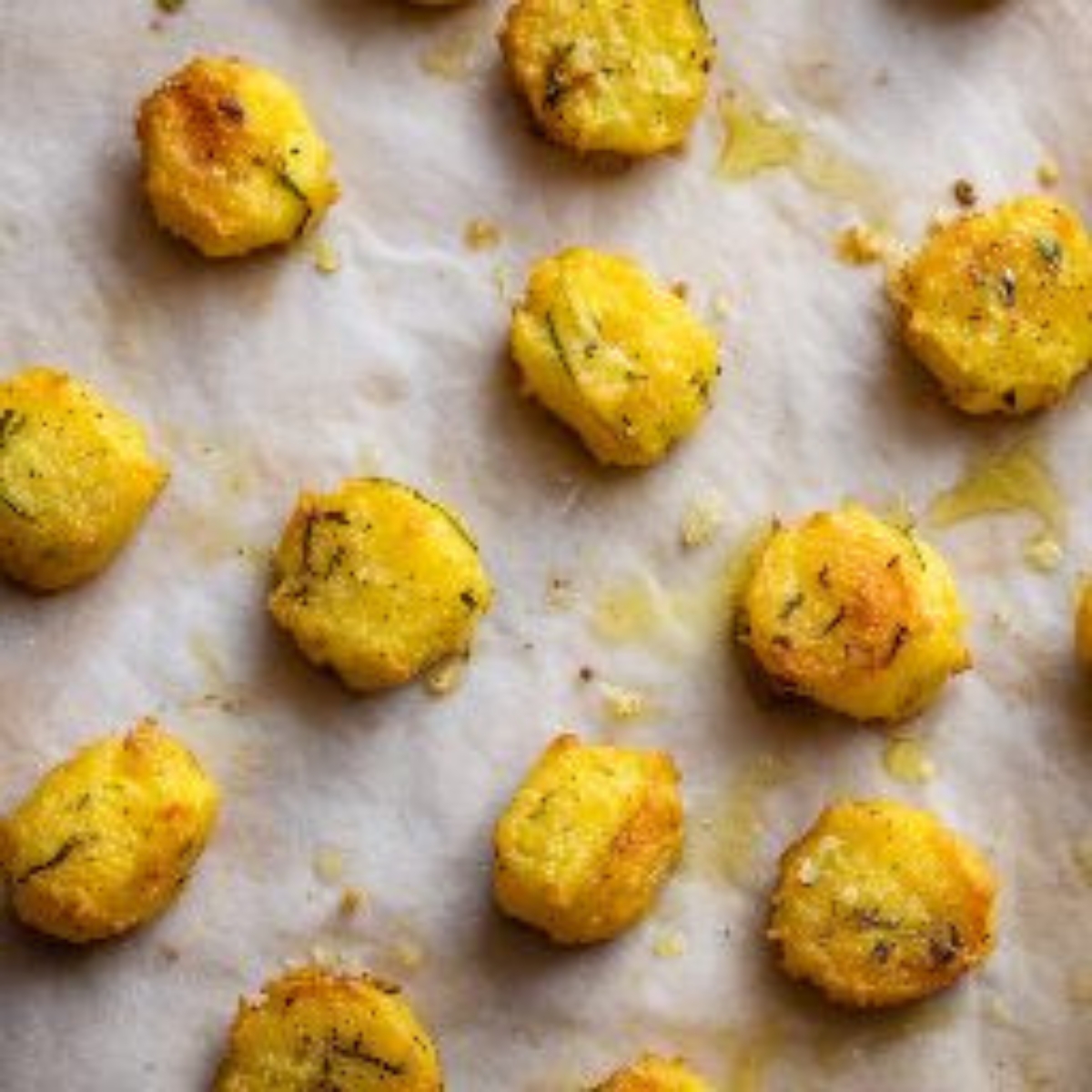 Shaped yellow squash tots on baking sheet.