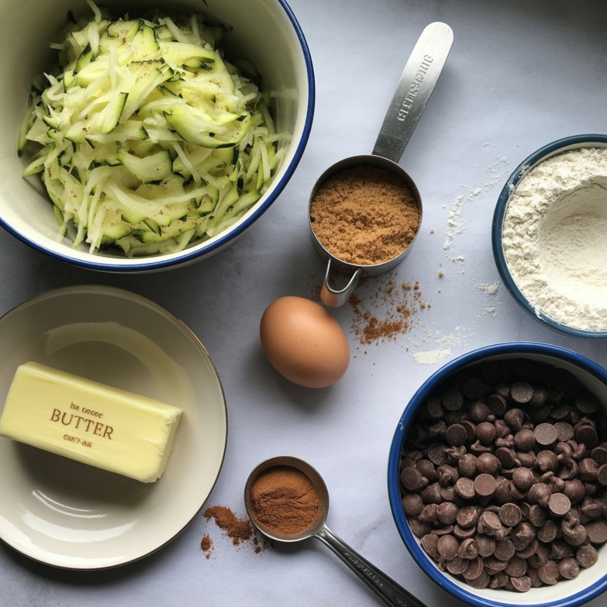 zucchini chocolate chip cookie ingredients on white counter