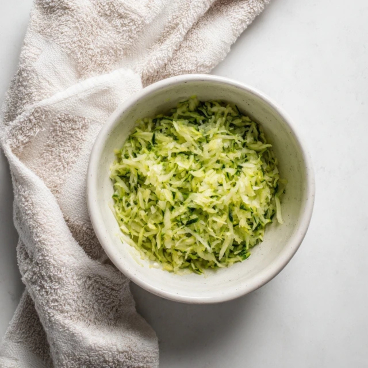grated zucchini on white counter for cookie recipe