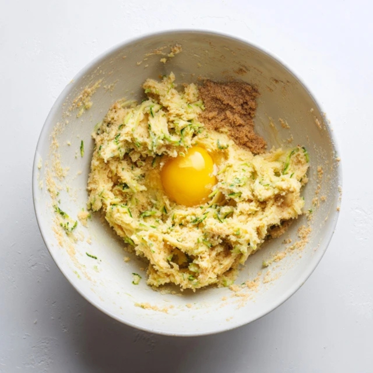 butter sugar egg and zucchini mixture in bowl