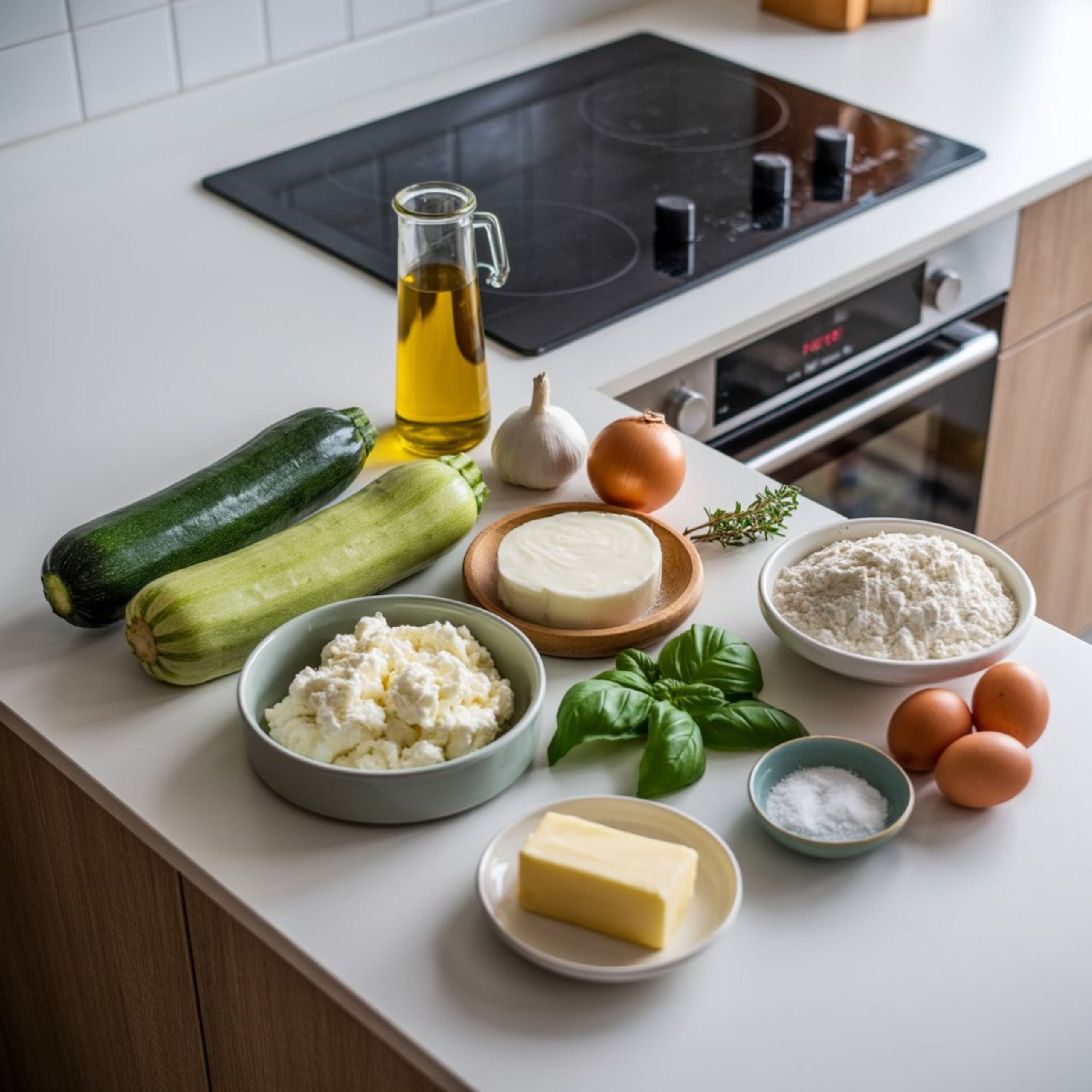 Fresh ingredients for homemade zucchini pie on kitchen counter