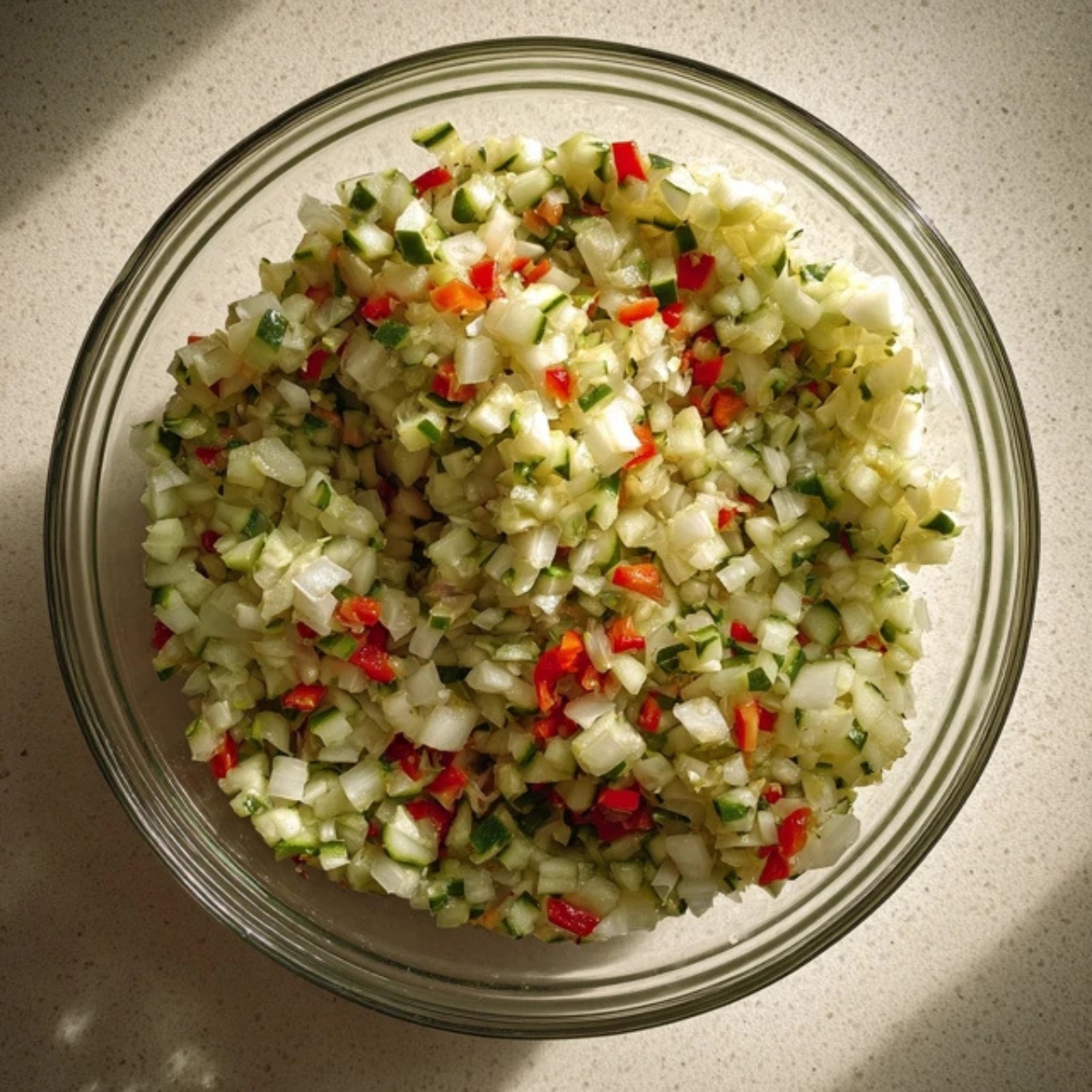 Chopped zucchini, onions, and red peppers in a glass bowl