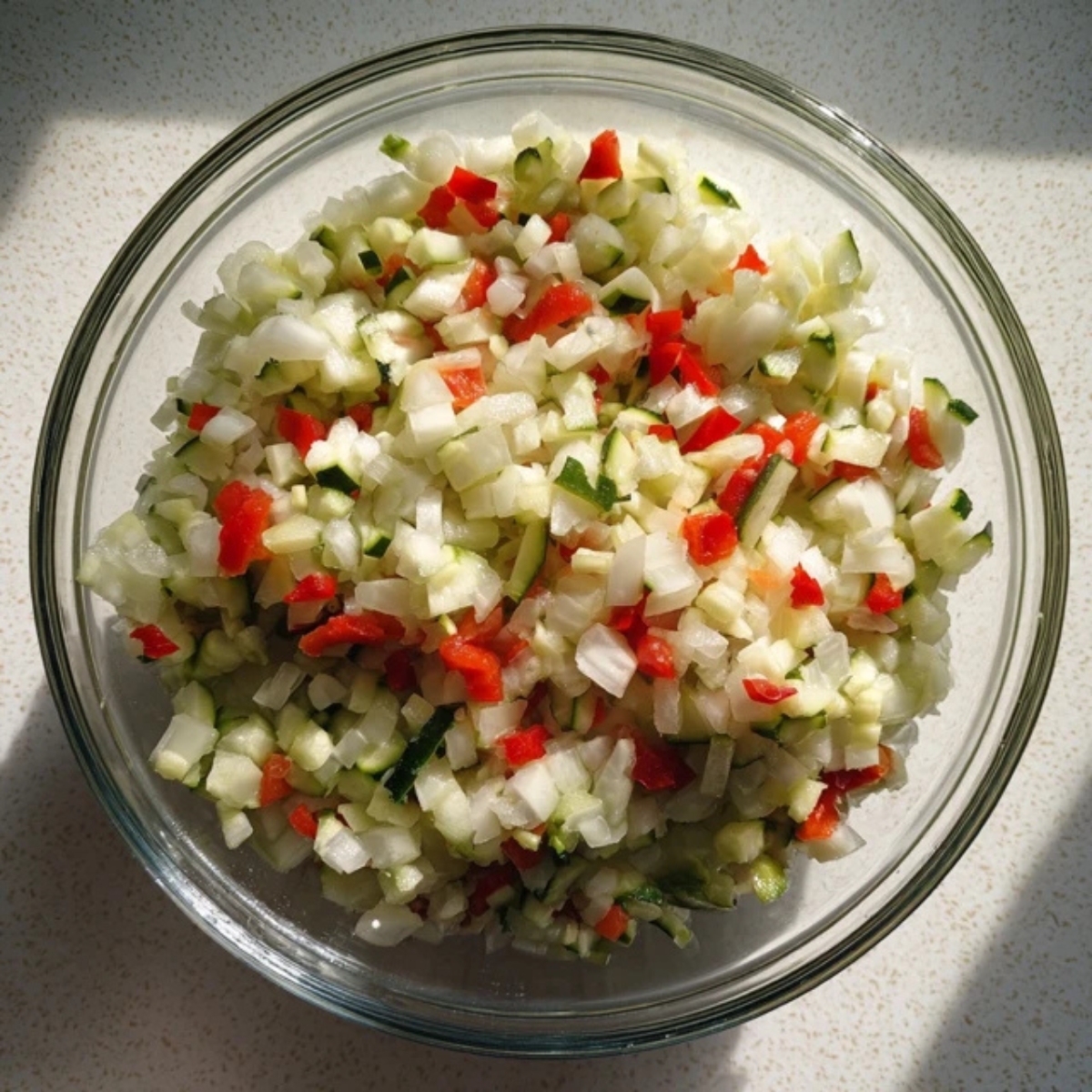 Salted zucchini relish vegetables in a glass bowl