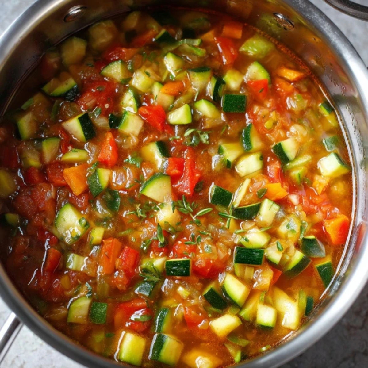 Zucchini relish cooking in brine in a pot