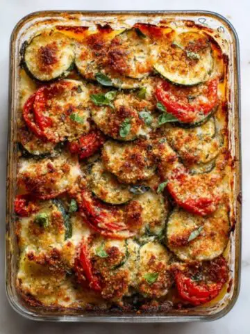 golden baked zucchini and tomato casserole on white kitchen counter