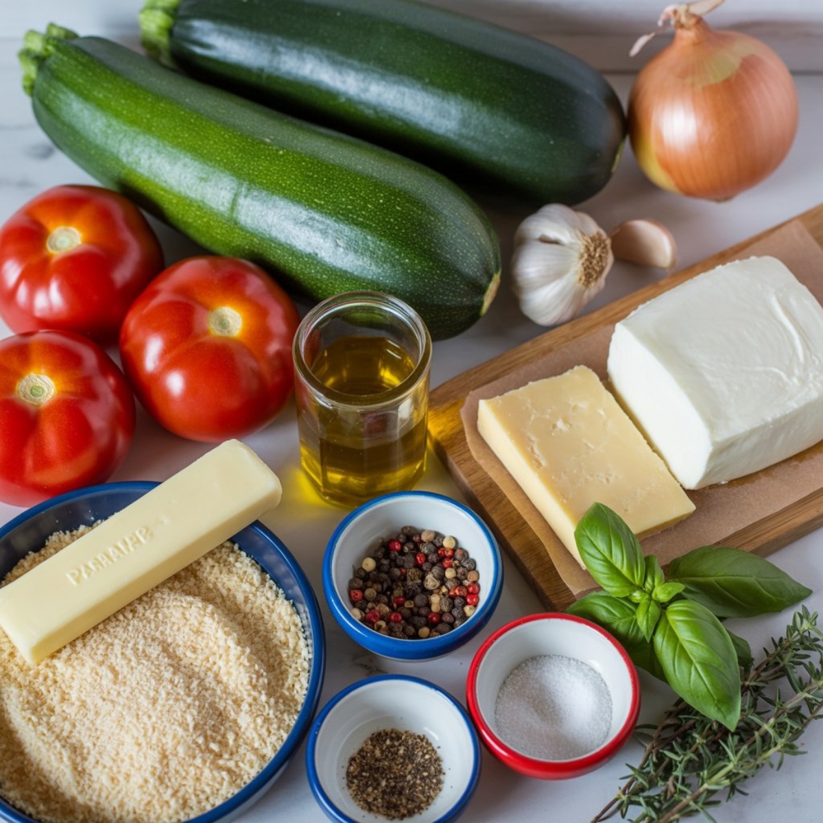 zucchini tomato casserole ingredients on white kitchen counter

