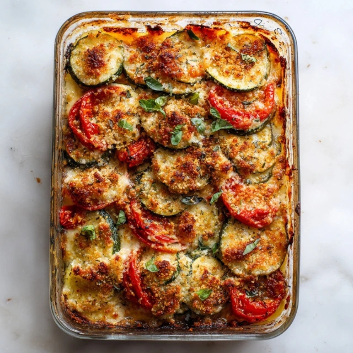 golden baked zucchini and tomato casserole on white kitchen counter