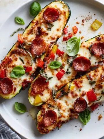 Homemade zucchini pizza boats with melted cheese and fresh basil.
