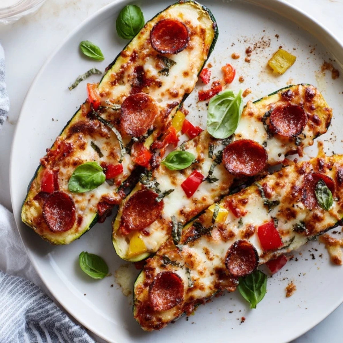 Homemade zucchini pizza boats with melted cheese and fresh basil.