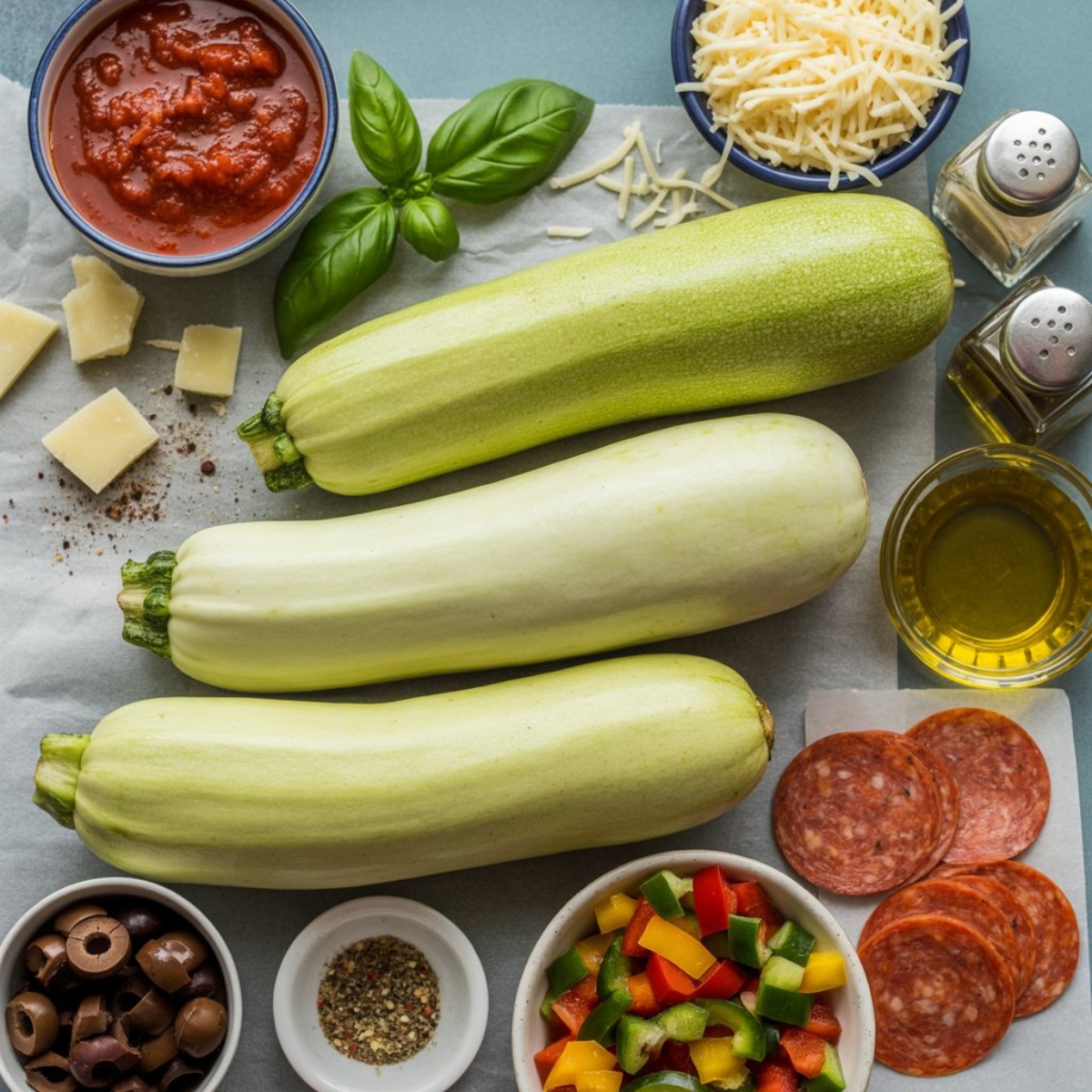 Ingredients for homemade zucchini pizza boats arranged on white counter.