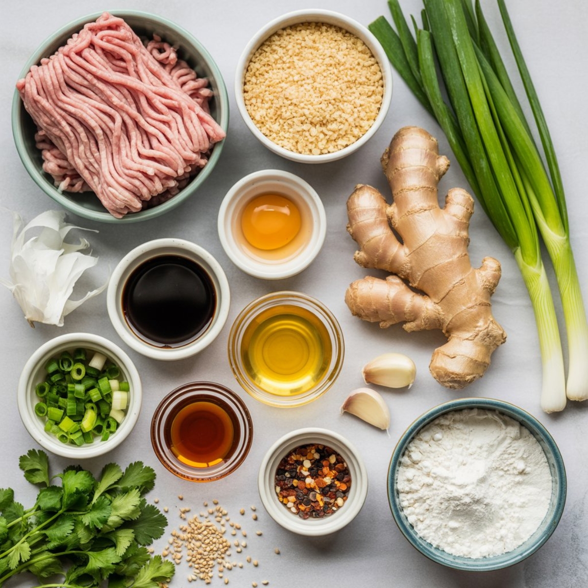 Ingredients for Asian turkey meatballs with soy glaze on white counter