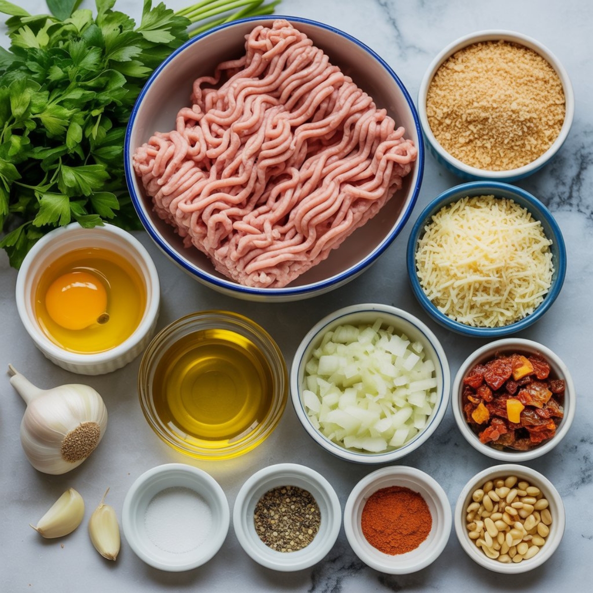 Air fryer turkey meatballs ingredients flat lay on kitchen counter