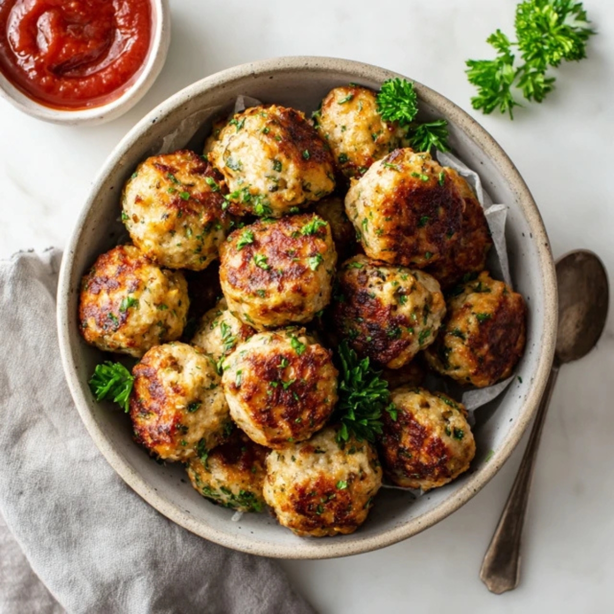 Crispy golden air fryer turkey meatballs with parsley and marinara
