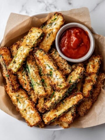 crispy air fryer zucchini fries with dipping sauce on white counter