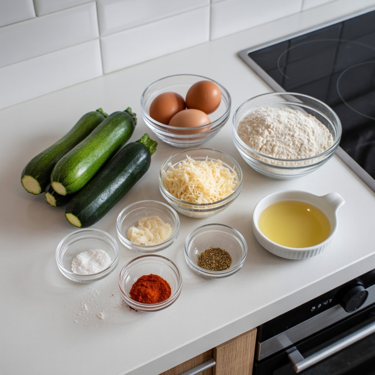 zucchini fries ingredients on white kitchen counter