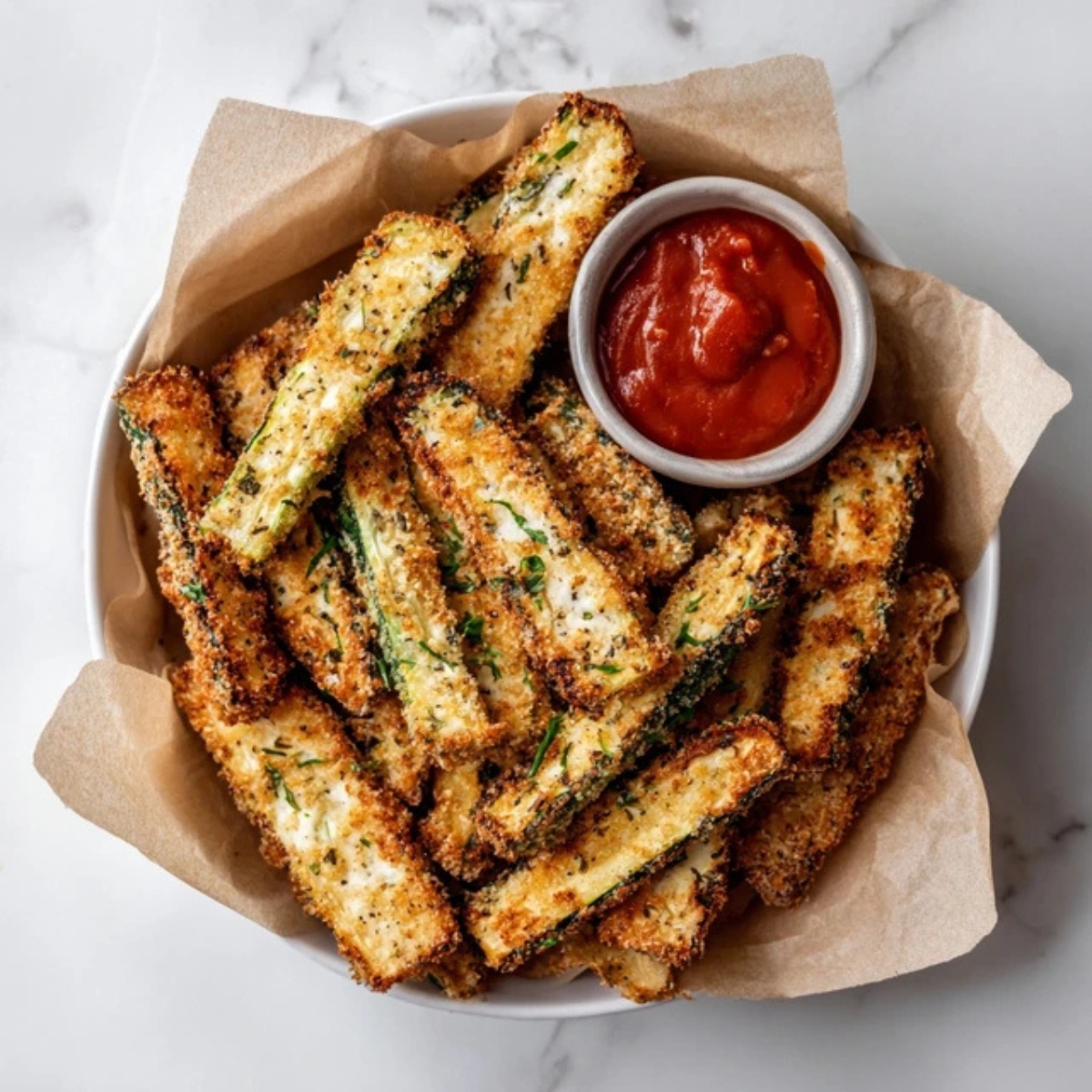 crispy air fryer zucchini fries with dipping sauce on white counter