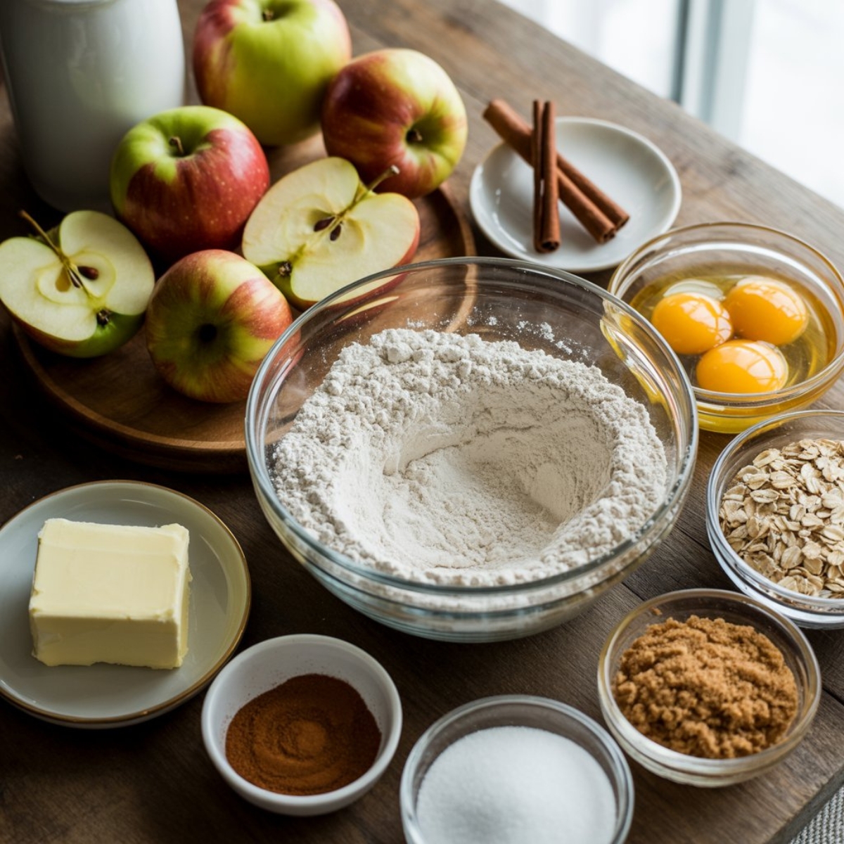 Apple cinnamon cookie ingredients flat lay on a counter