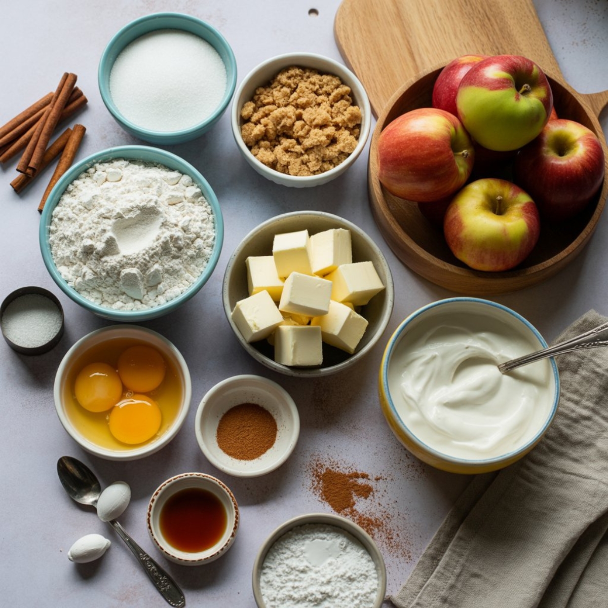 Ingredients for homemade apple crumb cake arranged on white kitchen counter