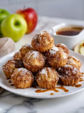 golden brown apple pie bites with cinnamon sugar on white plate