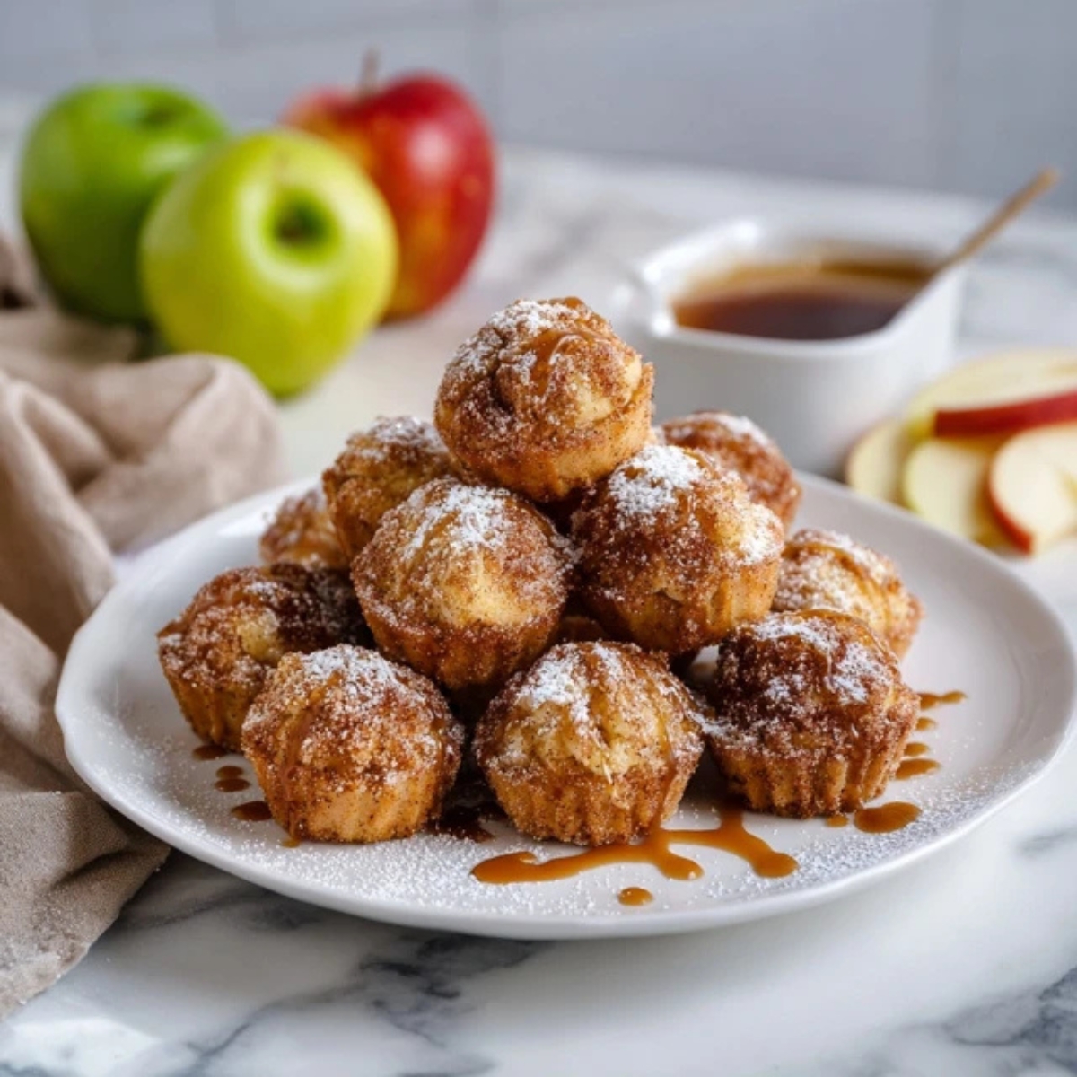 golden brown apple pie bites with cinnamon sugar on white plate