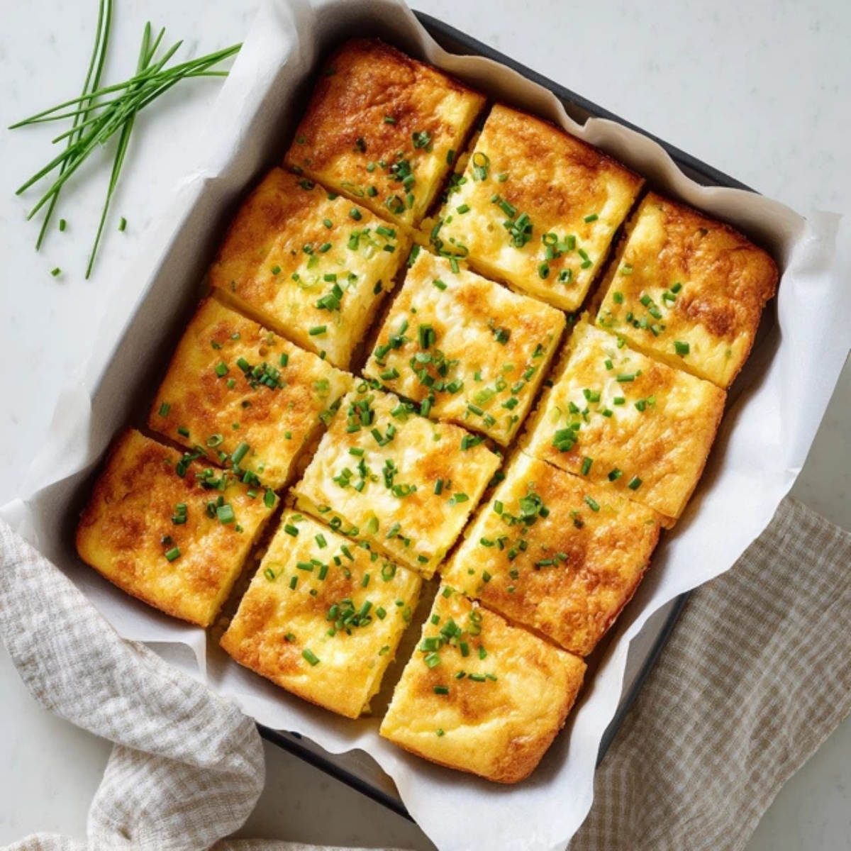 Fluffy baked cottage cheese eggs cut into squares on white counter
