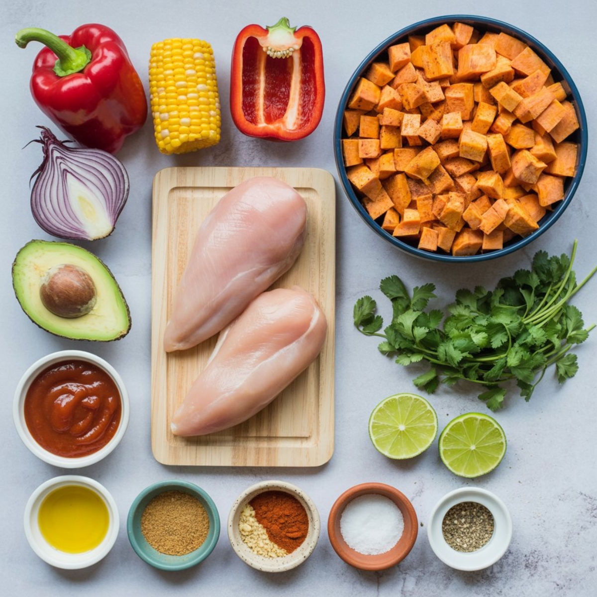 Fresh ingredients for BBQ chicken sweet potato bowl with chicken, sweet potatoes, and vegetables