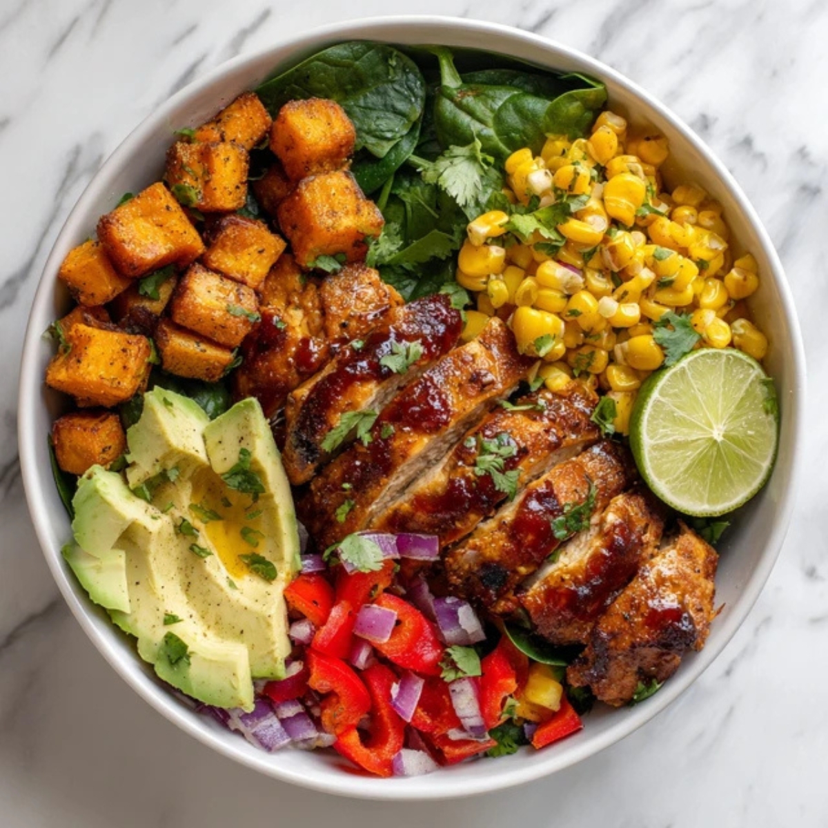 BBQ chicken sweet potato bowl with roasted sweet potatoes, avocado, and fresh veggies