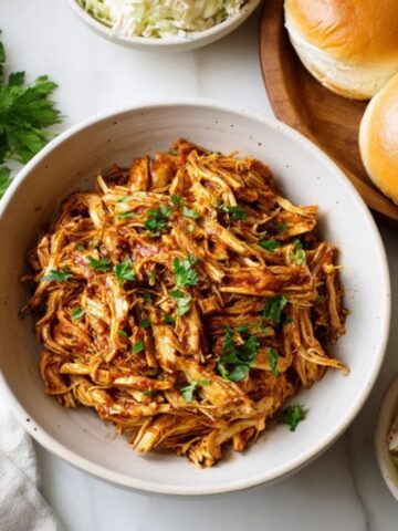 BBQ pulled chicken instant pot served with buns and coleslaw