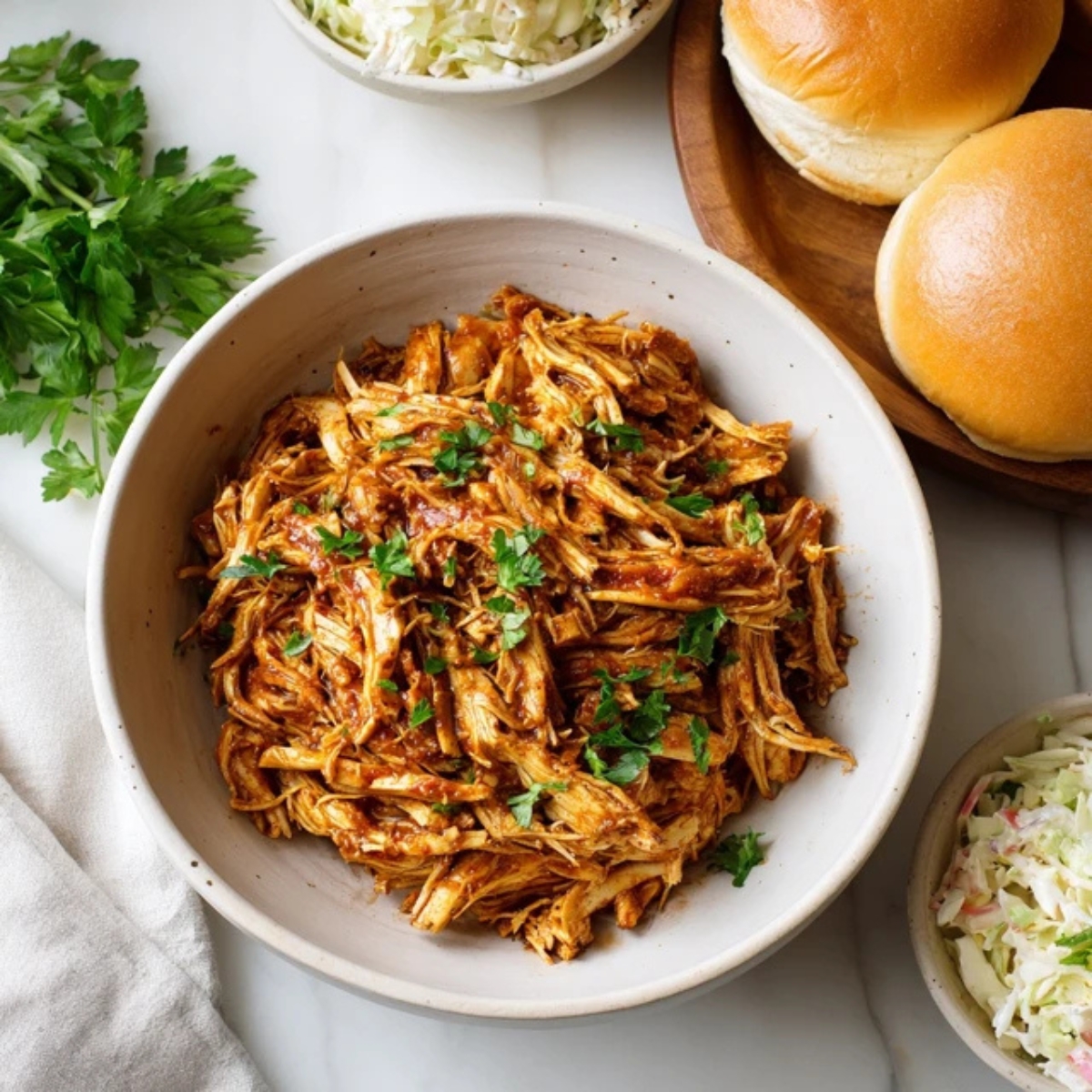 BBQ pulled chicken instant pot served with buns and coleslaw