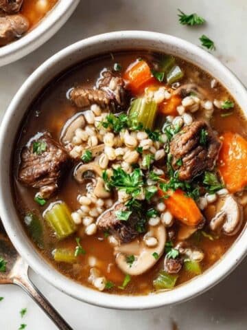 hearty beef barley soup with tender beef and vegetables