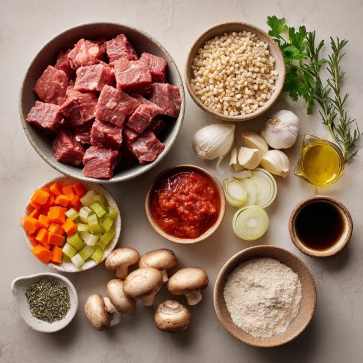 fresh ingredients for beef barley soup with pearl barley and vegetables