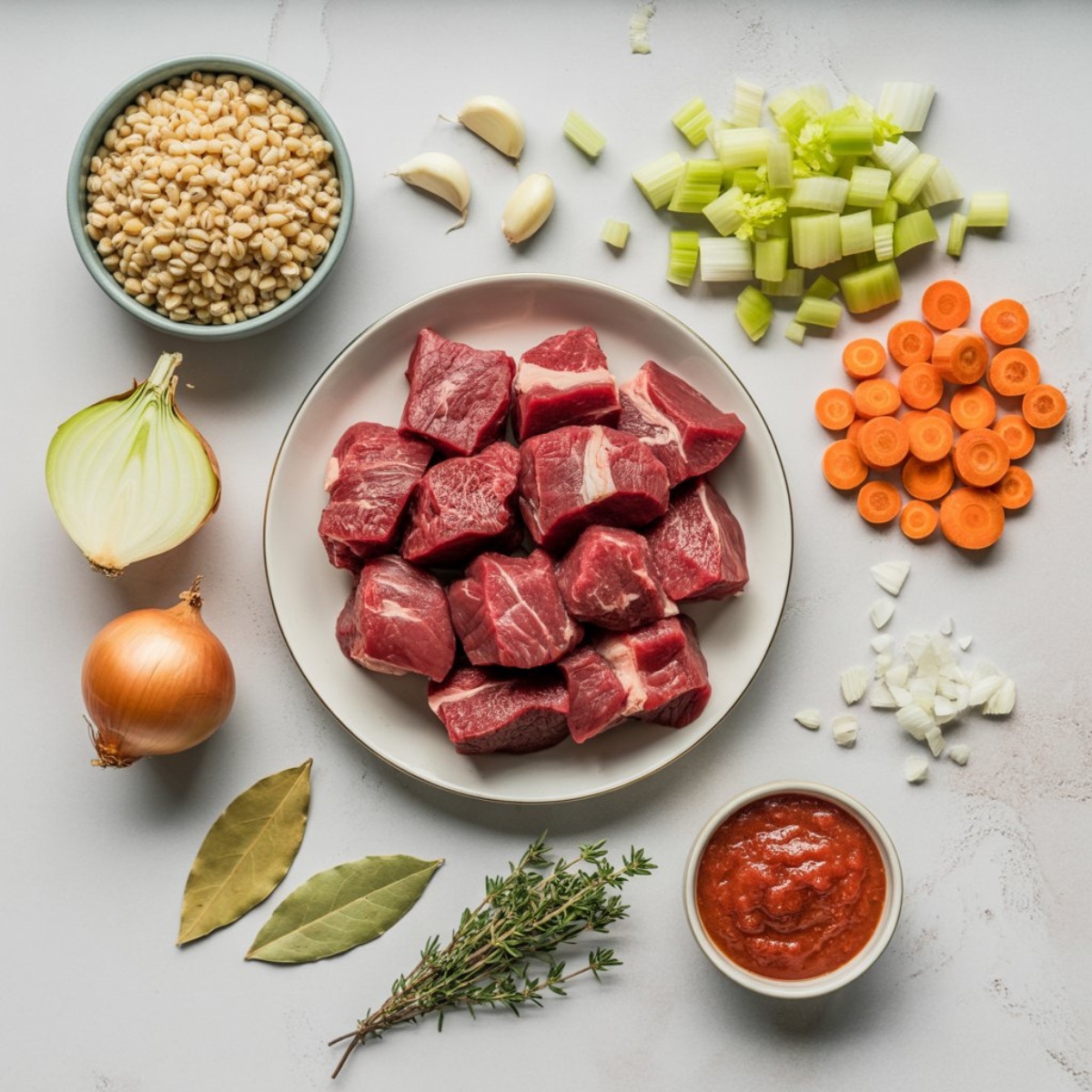 Instant pot beef barley soup ingredients flat lay with beef, barley, and vegetables