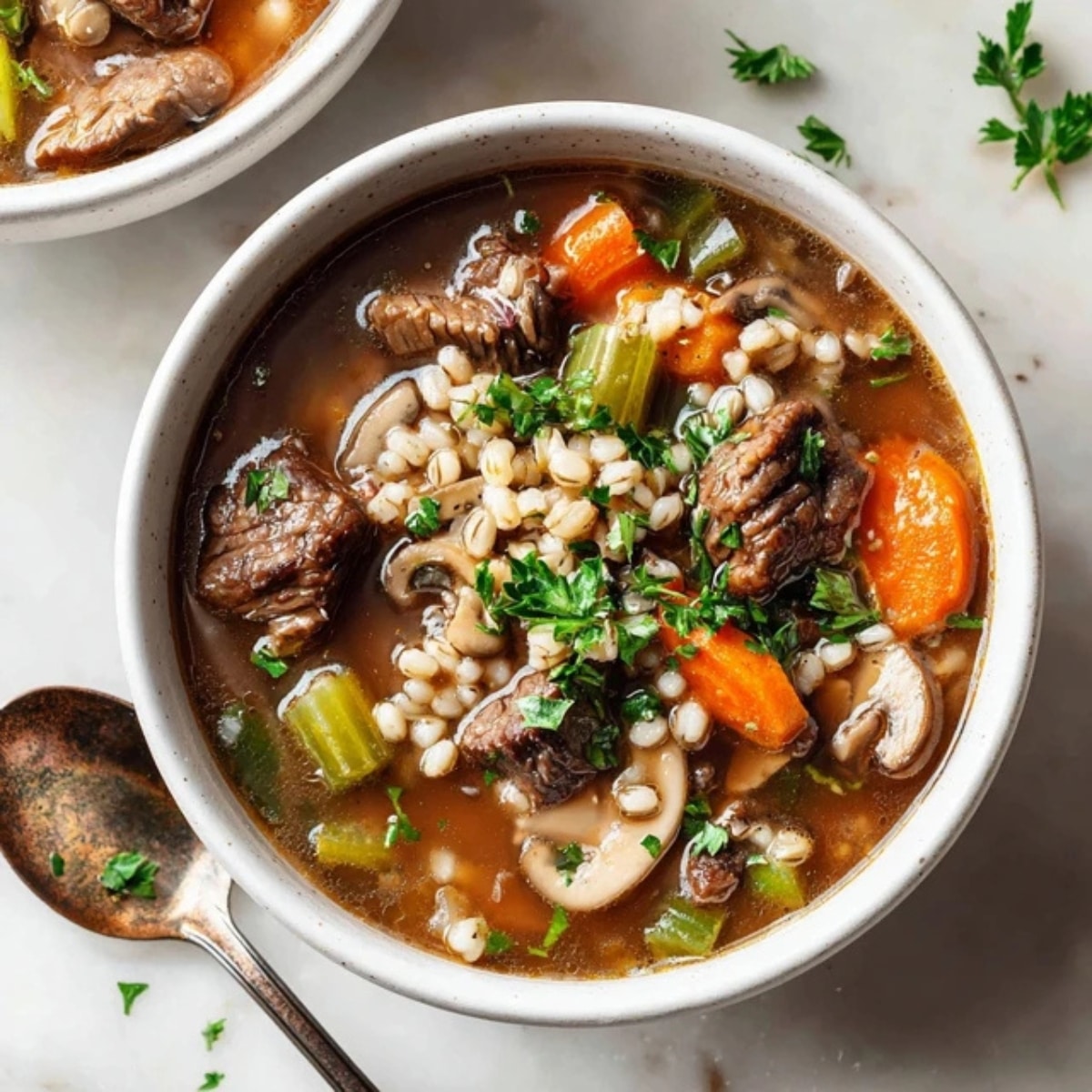 hearty beef barley soup with tender beef and vegetables