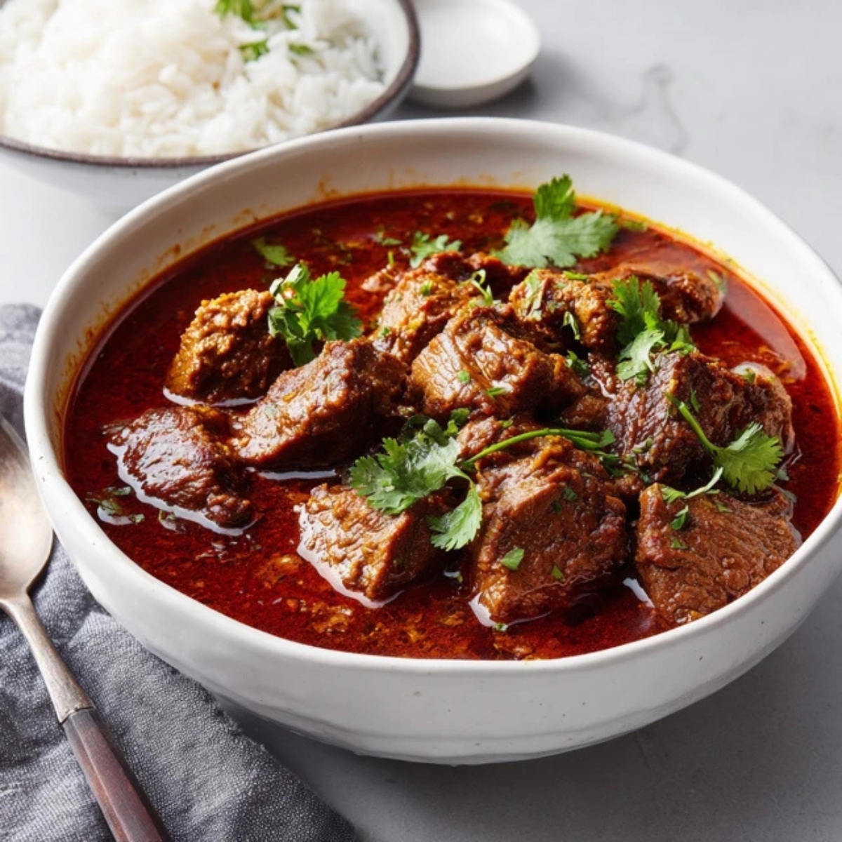 Authentic beef vindaloo curry with rice on white counter