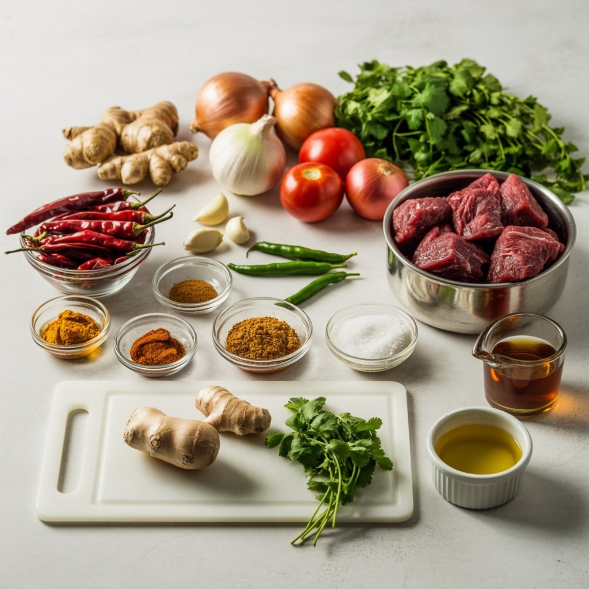 Beef vindaloo ingredients flat lay on white counter