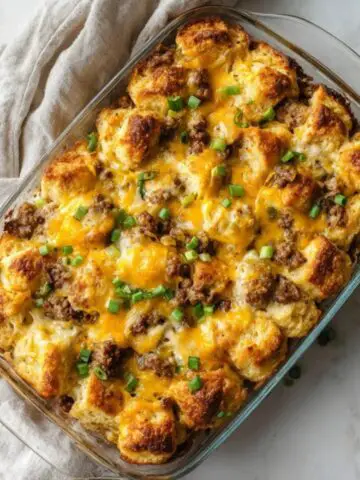 golden biscuit breakfast casserole with sausage, eggs, and cheese in baking dish