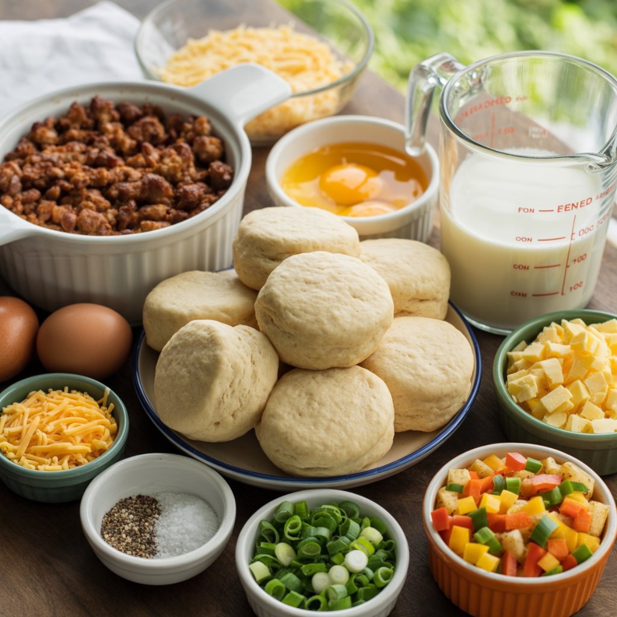 biscuit breakfast casserole ingredients with eggs, cheese, sausage, and biscuits on counter