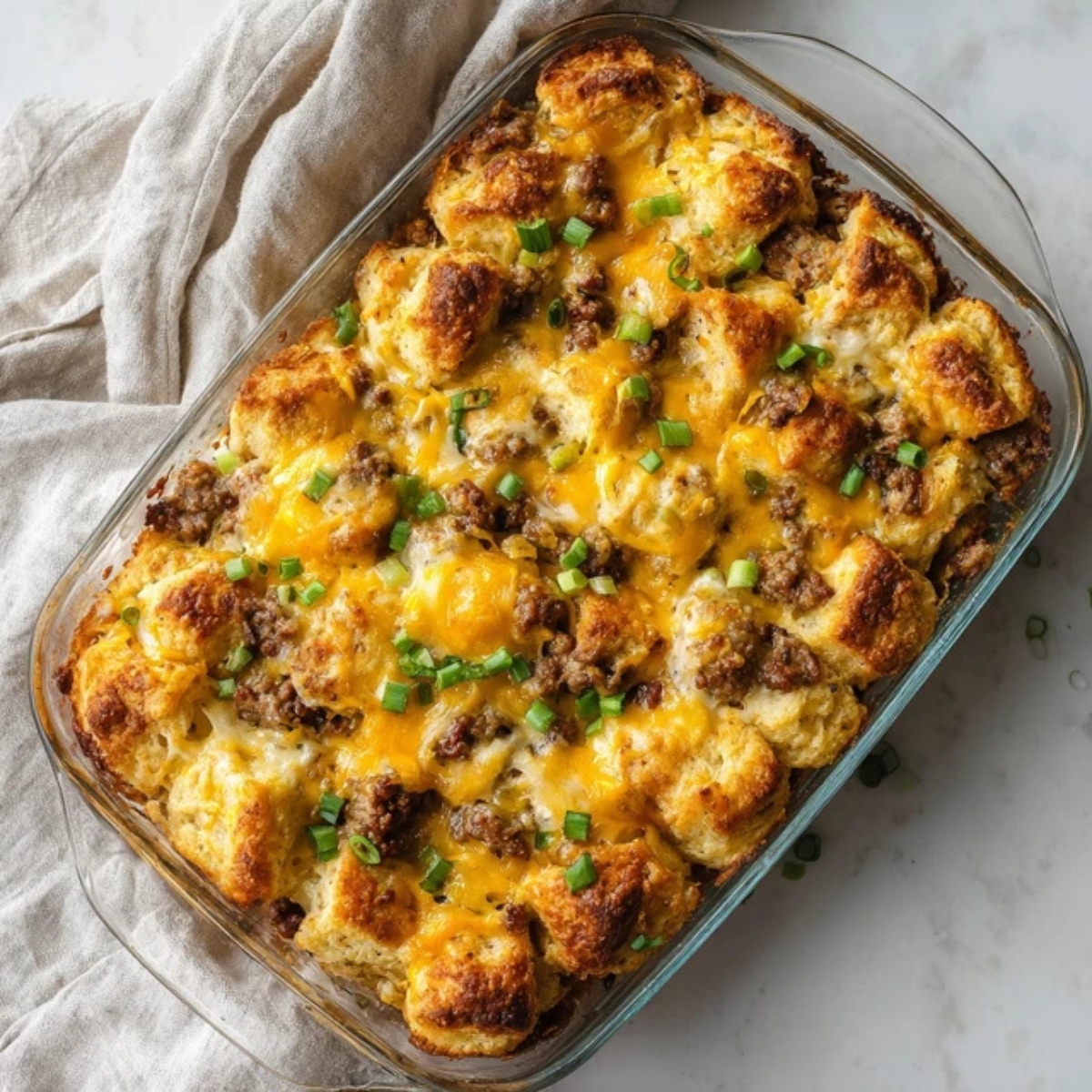 golden biscuit breakfast casserole with sausage, eggs, and cheese in baking dish