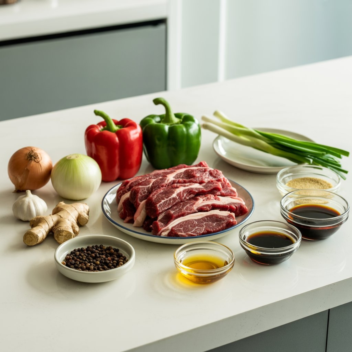 Fresh ingredients for homemade black pepper steak stir fry