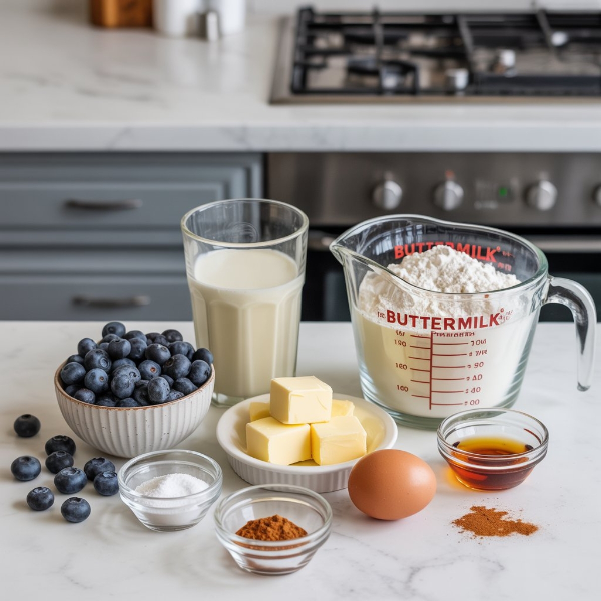 ingredients for blueberry breakfast cake on white counter