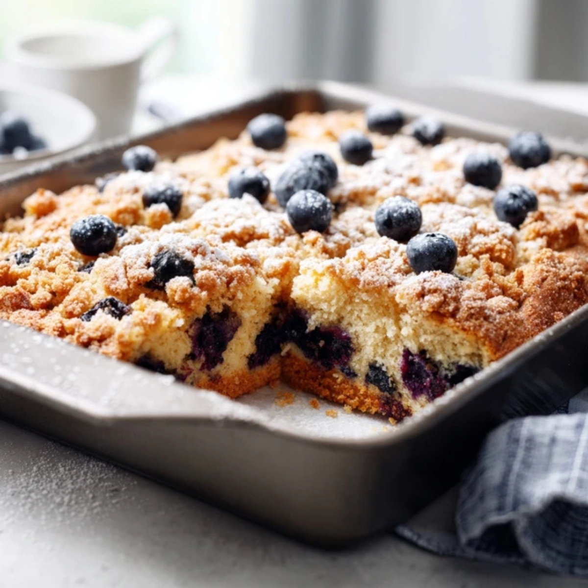 moist blueberry breakfast cake with streusel topping