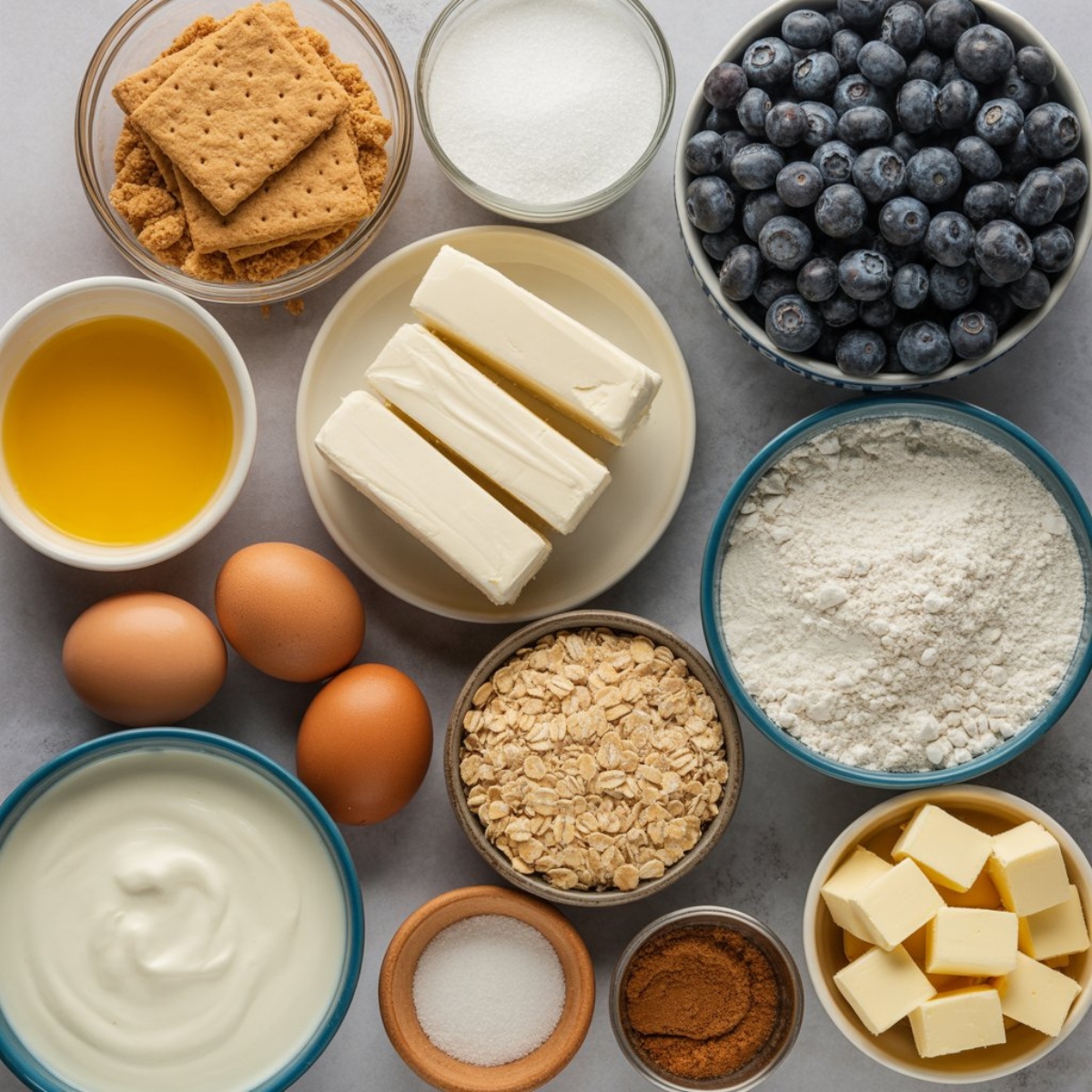 cheesecake ingredients with blueberries and crumble topping
