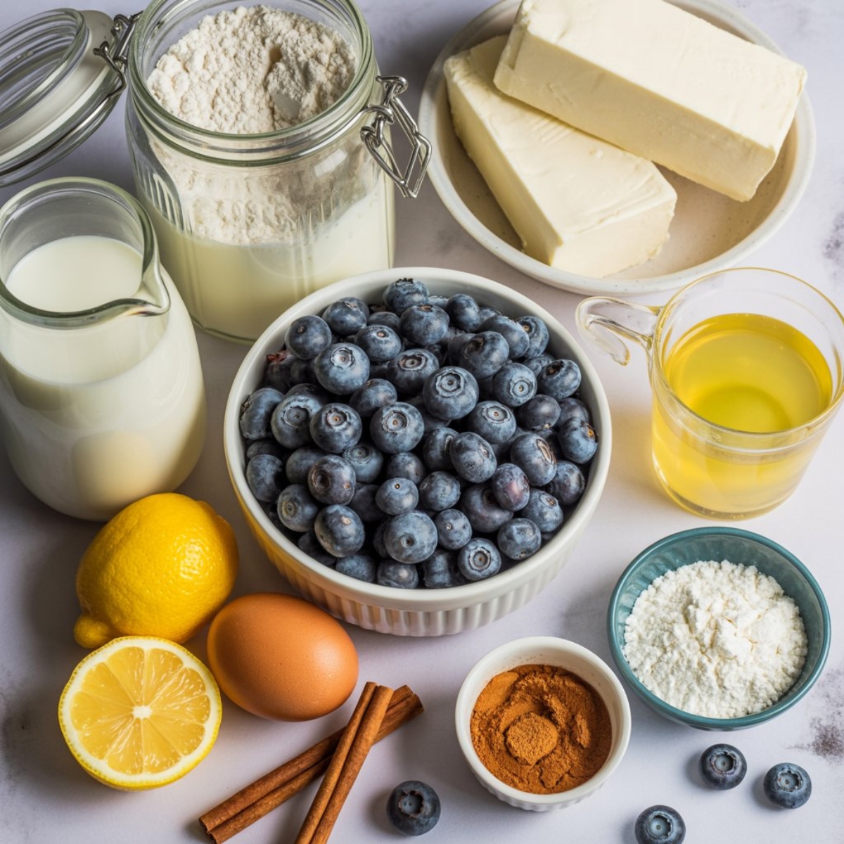 Ingredients for blueberry sweet rolls on white counter