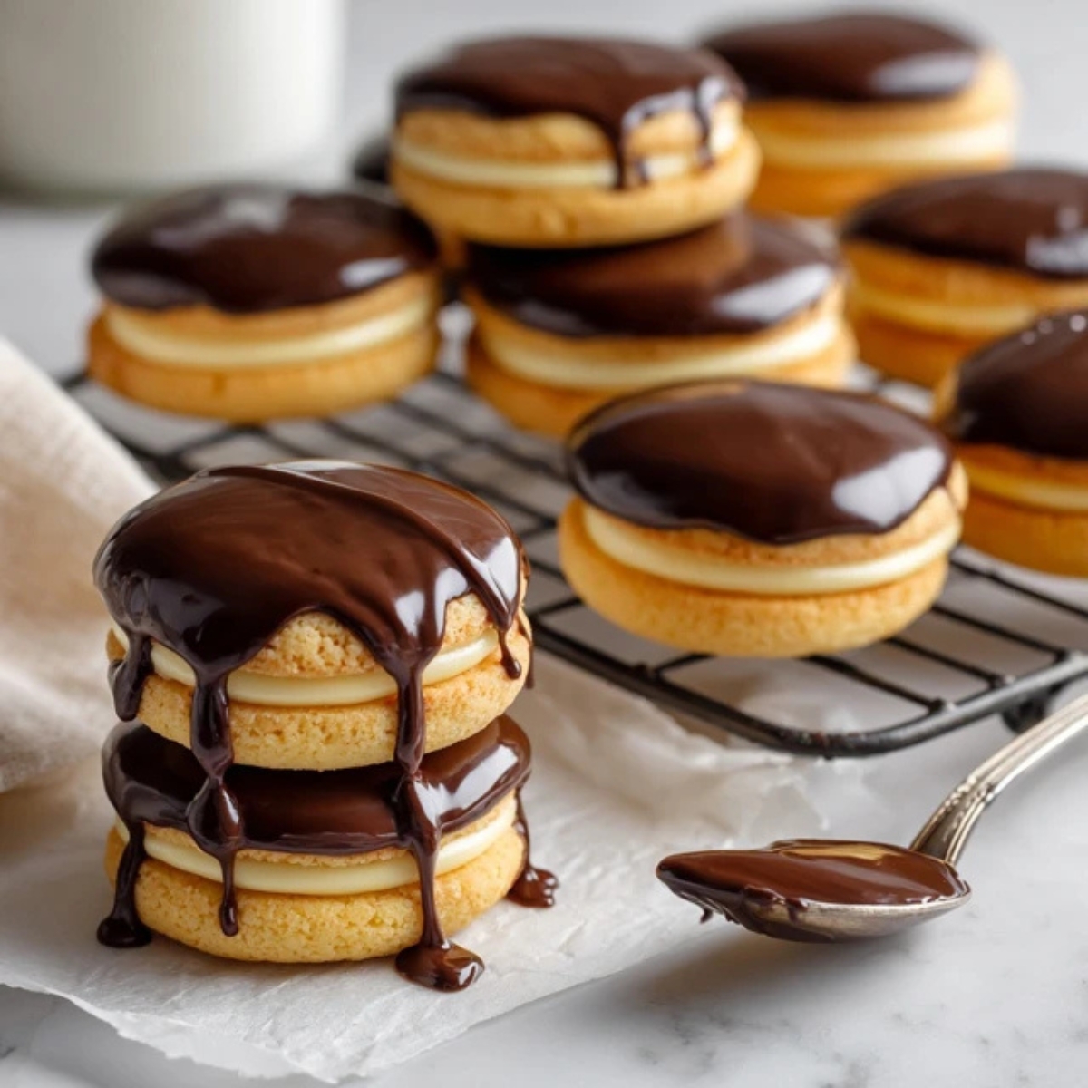 Boston cream pie cookies with custard filling and chocolate ganache on cooling rack