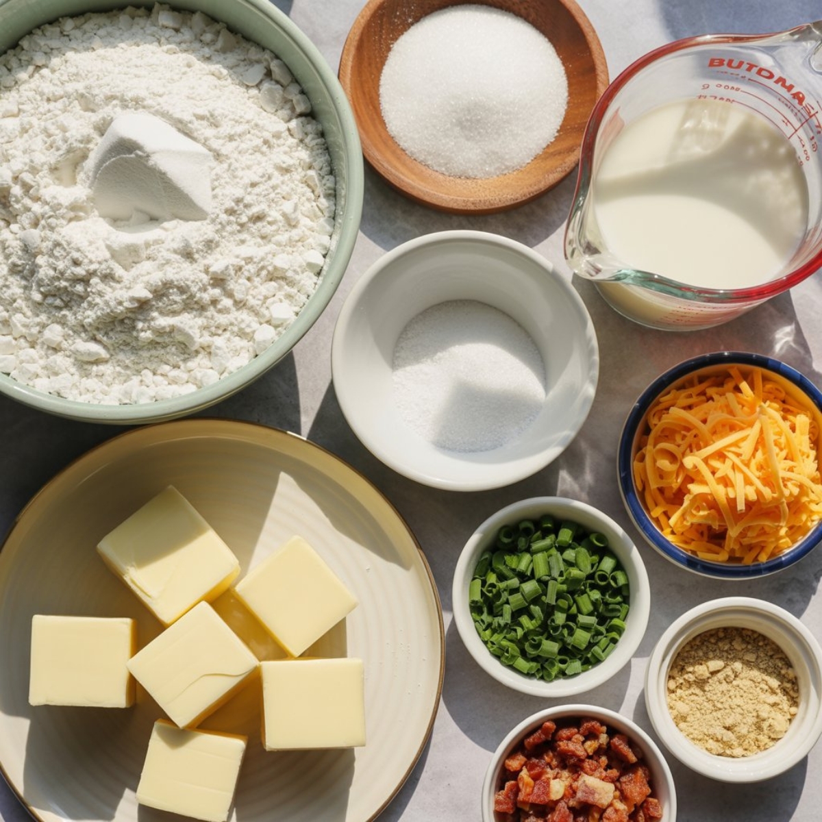Flat lay of breakfast biscuit ingredients on white kitchen counter