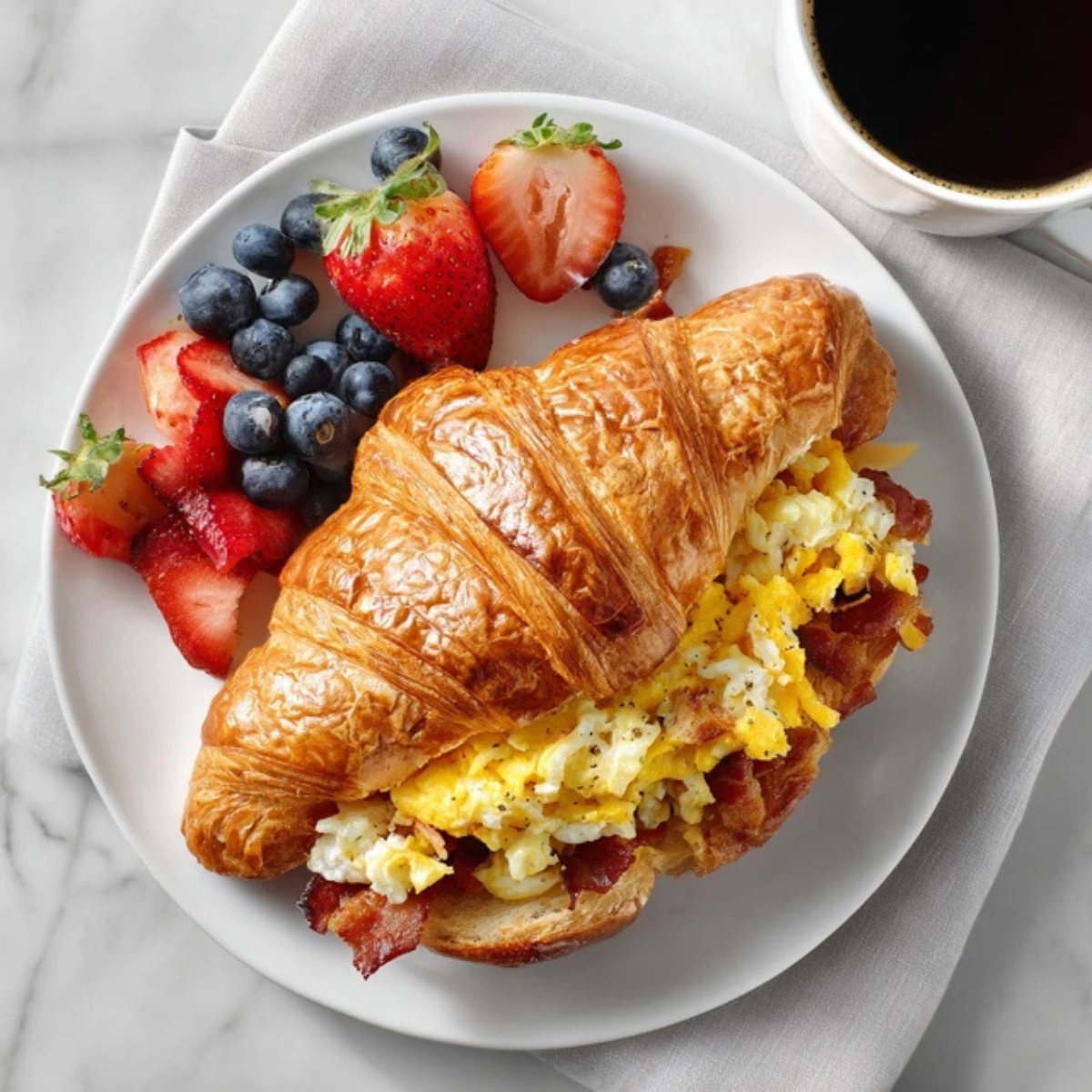 Homemade breakfast croissant sandwich with eggs, bacon, and cheese