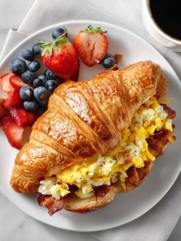 Homemade breakfast croissant sandwich with eggs, bacon, and cheese