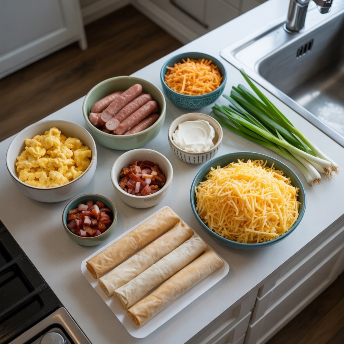 Breakfast egg roll ingredients with eggs, sausage, bacon, cheese, and wrappers
